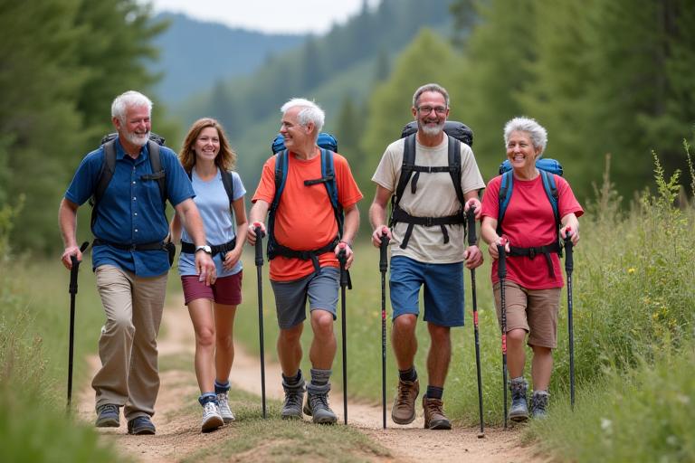 Familia multigeneracional disfrutando de senderismo adaptado